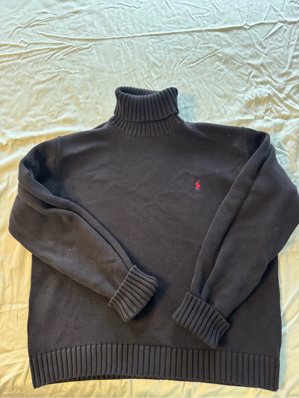 Vintage 90s Polo Ralph Lauren Black Chunky Cotton Turtleneck Sweater Red Pony L